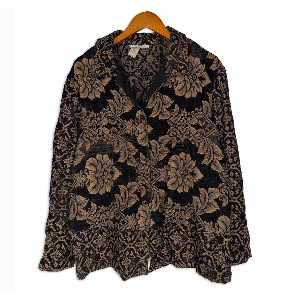 Coldwater Creek Floral Tapestry Jacket Size 16 Black Brown Jacquard Blazer